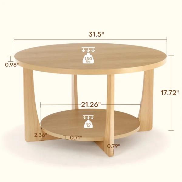 31.5'' Solid Wood Legs Round Coffee Table with 2-Tier Storage - Image 3