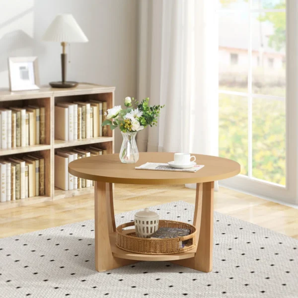 31.5'' Solid Wood Legs Round Coffee Table with 2-Tier Storage - Image 2