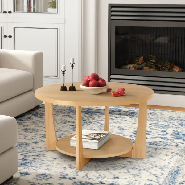 31.5'' Solid Wood Legs Round Coffee Table with 2-Tier Storage