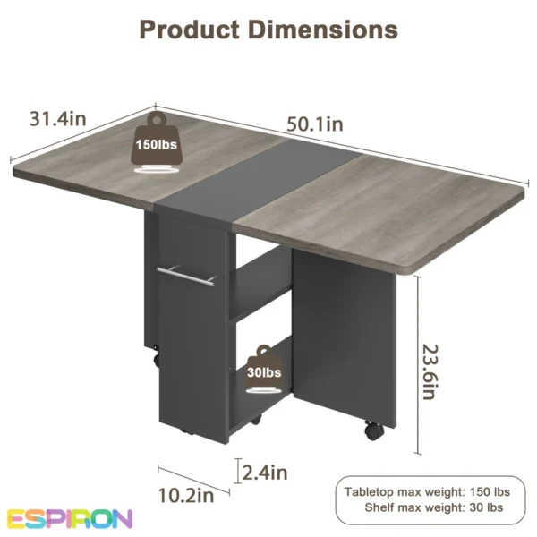 Folding Dining Table With 2 Storage Racks, Kitchen Table For Home Office, With Handle - Image 2