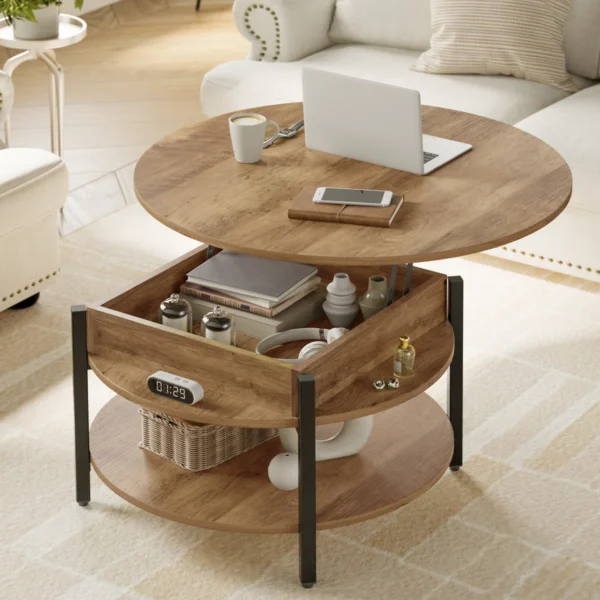 Wynny 27"W Round Lift-Top Wood Coffee Table with Storage - Image 3