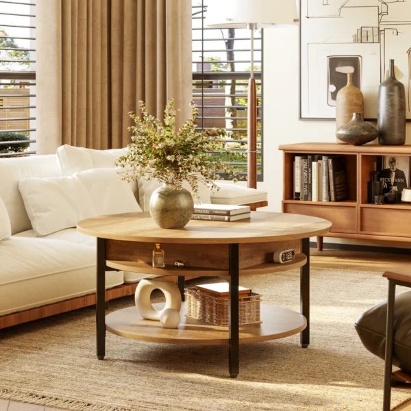 Wynny 27"W Round Lift-Top Wood Coffee Table with Storage - Image 2